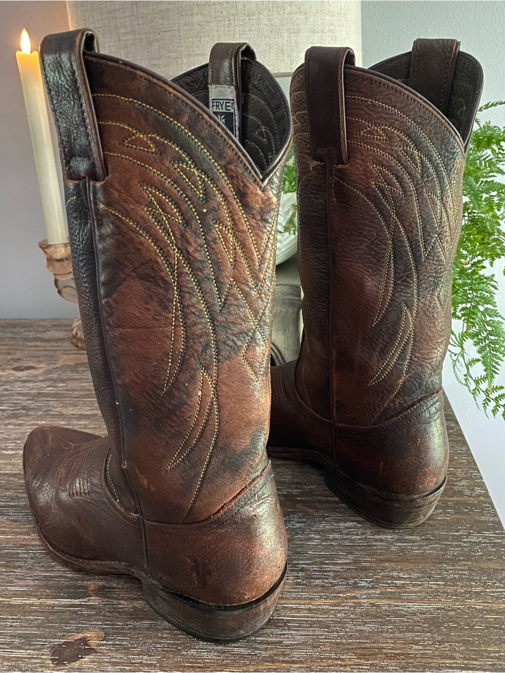 Vtg FRYE Billy Pull-On Deco Stitch Leather Western Cowboy Boots Women 7.5B Brown - Picture 6 of 15